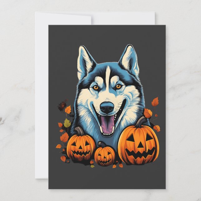 Tarjeta Festiva Arte pop molinando perro Husky con calabazas Hallo (Anverso)