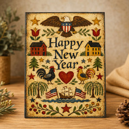 Tarjeta Festiva Arte popular primitivo americano de año nuevo