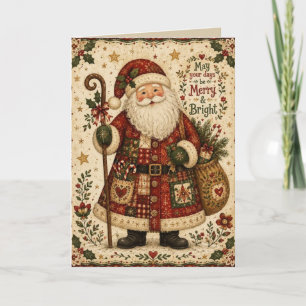 Tarjeta Festiva Arte Popular Santa Vintage Alegre y Brillante Tarj