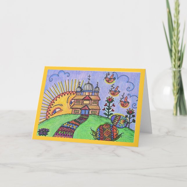 Tarjeta Festiva Arte popular ucraniano de la salida del sol de (Anverso)