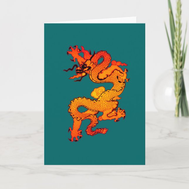 Tarjeta Festiva Arte rojo y anaranjado ardiente del dragón (Anverso)