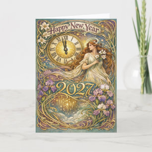 Tarjeta Festiva Arte vintage flor Noucentista Feliz Año Nuevo 2027