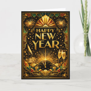 Tarjeta Festiva Artes Feliz Año Nuevo Art Déco Dorado Colorido