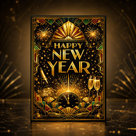 Tarjeta Festiva Artes Feliz Año Nuevo Art Déco Dorado Colorido