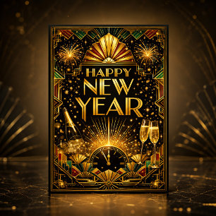 Tarjeta Festiva Artes Feliz Año Nuevo Art Déco Dorado Colorido