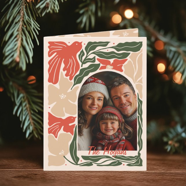 Tarjeta Festiva Artesanía popular roja y verde Foto doblada 2 (Folded 2-photo Folk Art Christmas Card)