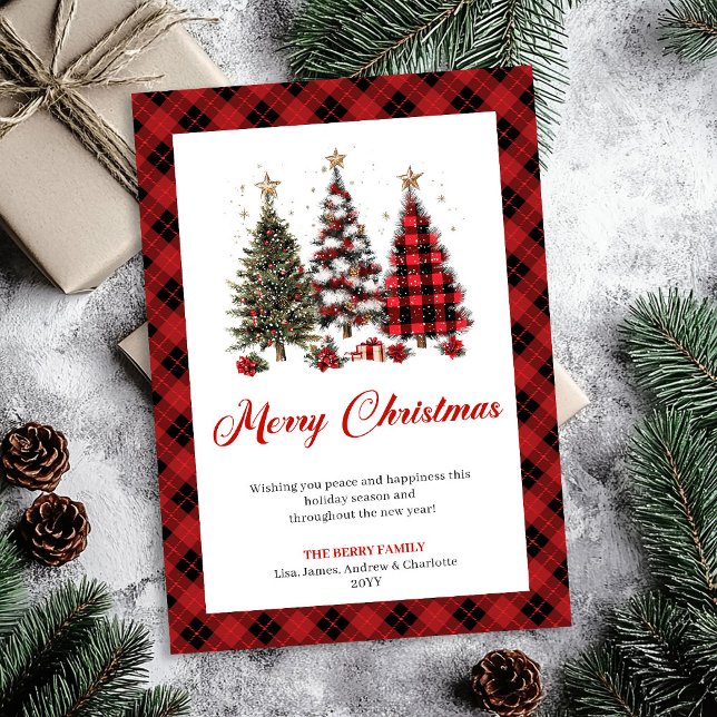 Tarjeta Festiva Artistic Buffalo Plaid Christmas Tree Gold Accent (Artistic Buffalo Plaid Christmas Tree Gold Accent)