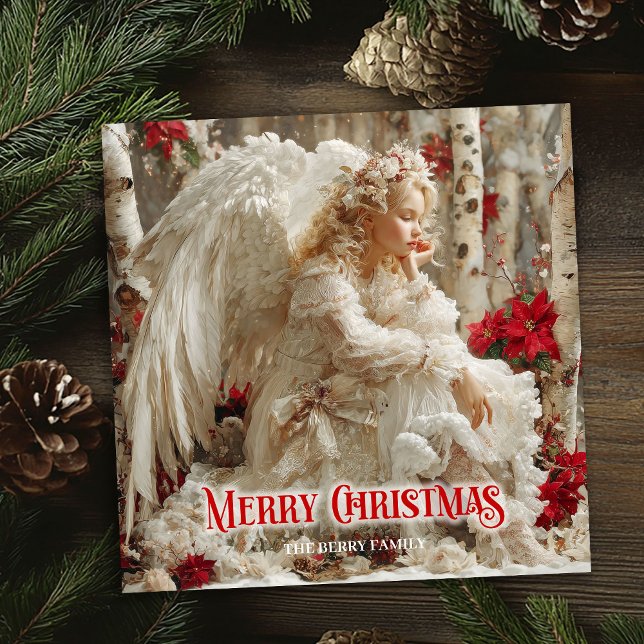 Tarjeta Festiva Artistic Christmas angel red poinsettias cheerful  (Artistic Christmas angel red poinsettias cheerful greeting card

)