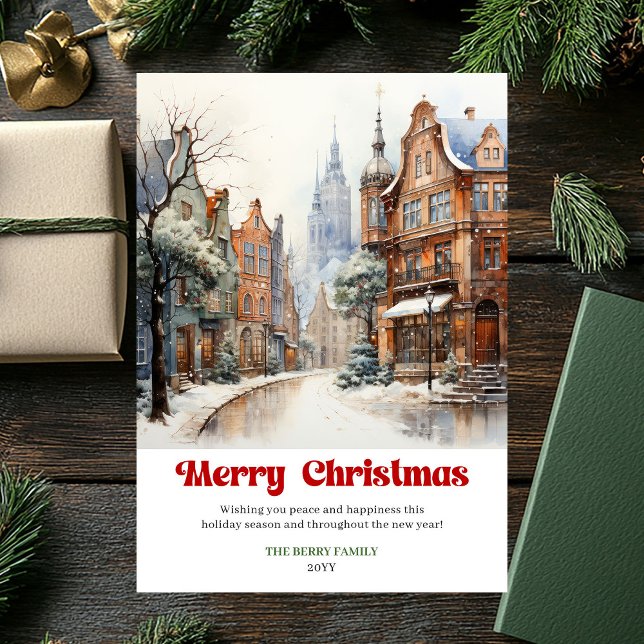 Tarjeta Festiva Artistic rustic holiday scene cozy winter city art (Artistic rustic holiday scene cozy winter city art)