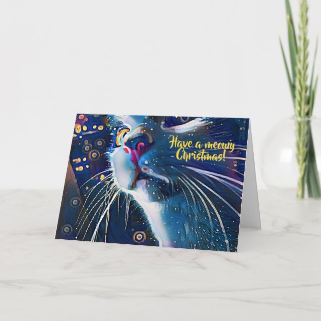 Tarjeta Festiva Artsy Starry Night Style Cat Art Meowy Navidades (Anverso)