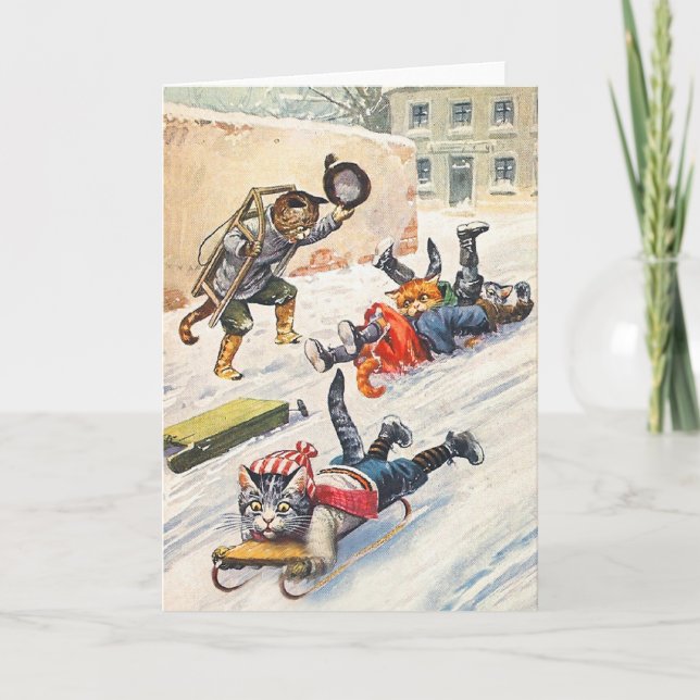 Tarjeta Festiva Arturo Thiele - gatos antropomorfos Bobsledding (Anverso)