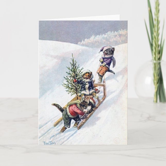 Tarjeta Festiva Arturo Thiele - los gatos traen a casa un árbol de (Anverso)