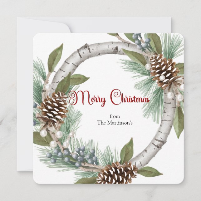 Tarjeta Festiva Aspen Wreath with Pinecones Christmas Card (Anverso)