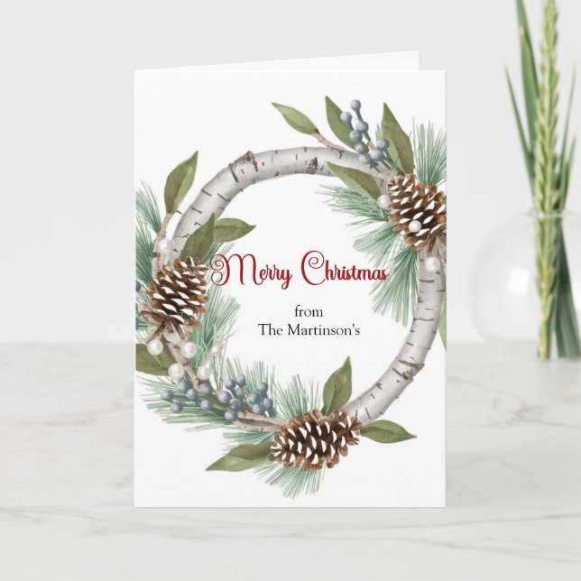 Tarjeta Festiva Aspen Wreath with Pinecones Christmas Card (Anverso)