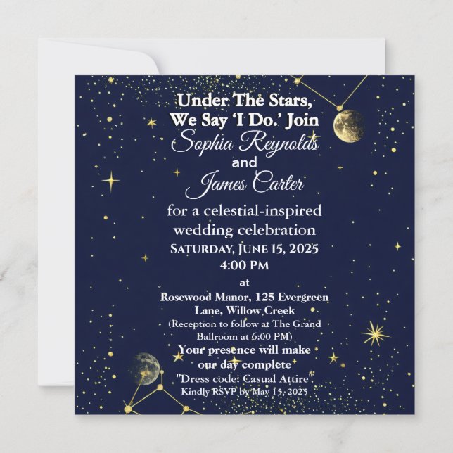Tarjeta Festiva Astrología y tema nocturno estrellado | Boda celes (Anverso)