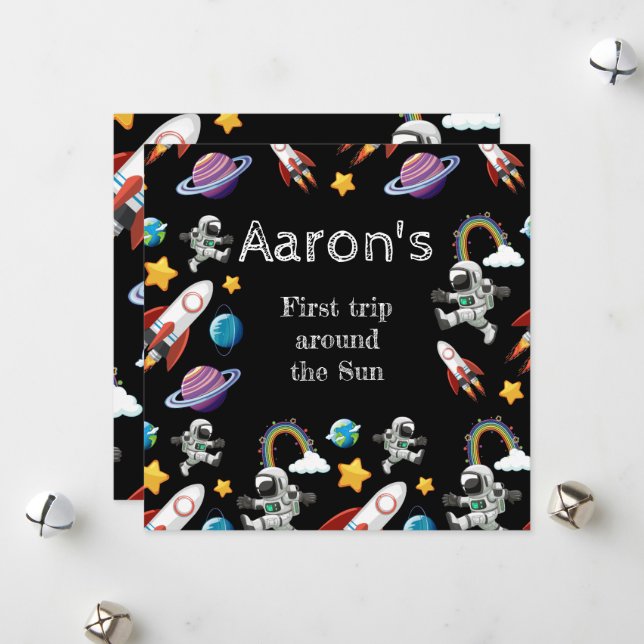 Tarjeta Festiva Astronauta espacial Black First Birthday Party (Anverso/Reverso In Situ)