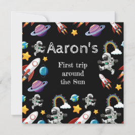 Tarjeta Festiva Astronauta espacial Black First Birthday Party
