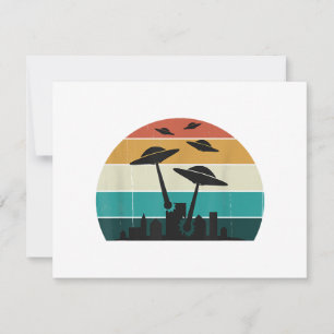 Tarjeta Festiva Ataque de OVNI retro al atardecer - Sauc volador d