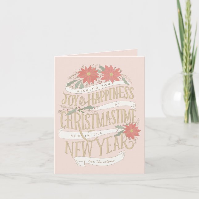 Tarjeta Festiva Ataques y pancartas de Poinsettia (Anverso)