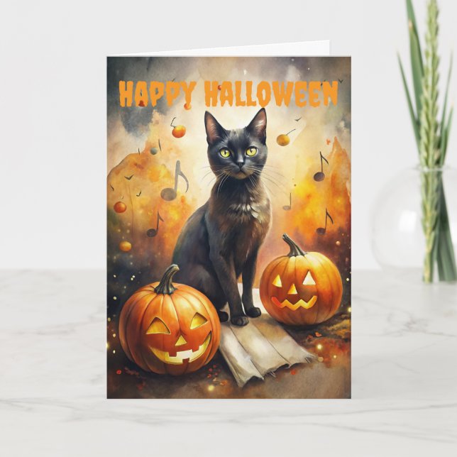 Tarjeta Festiva Aterrador gato negro de Halloween y calabazas (Anverso)