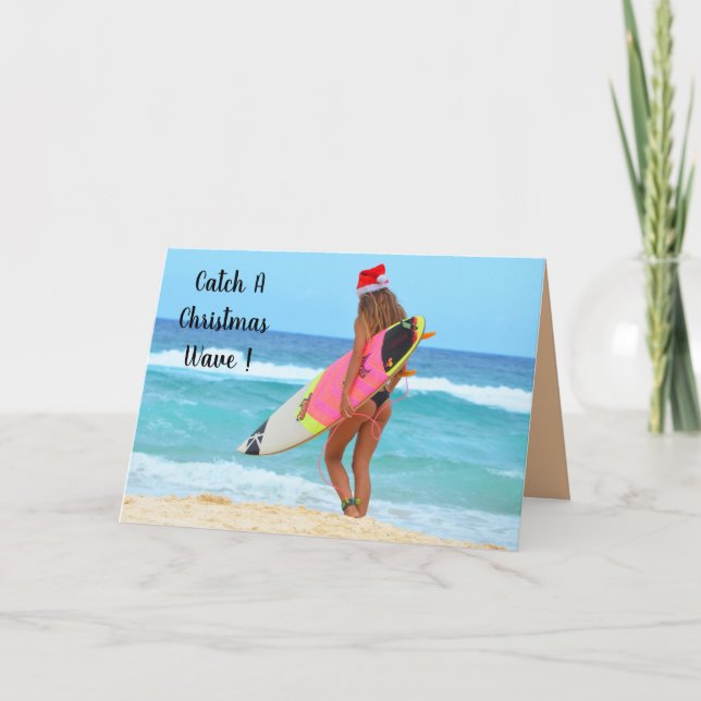 Tarjeta Festiva Atrapar Una Ola De Navidades (Anverso)