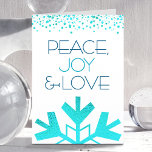 Tarjeta Festiva Audaz Turquesa Snowflake Paz Alegría Típode Amor<br><div class="desc">"Paz, alegría y amor." Un gigantesco, divertido, lúdico, turquesa imitación de un ilustracion de copos de nieve con Relieve metalizado falso y una tipografía moderna sobre un fondo blanco te ayudan a entrar en temporada de vacaciones. Un borde de puntos turquesa de confetti encaja por la parte superior. Tu saludo...</div>
