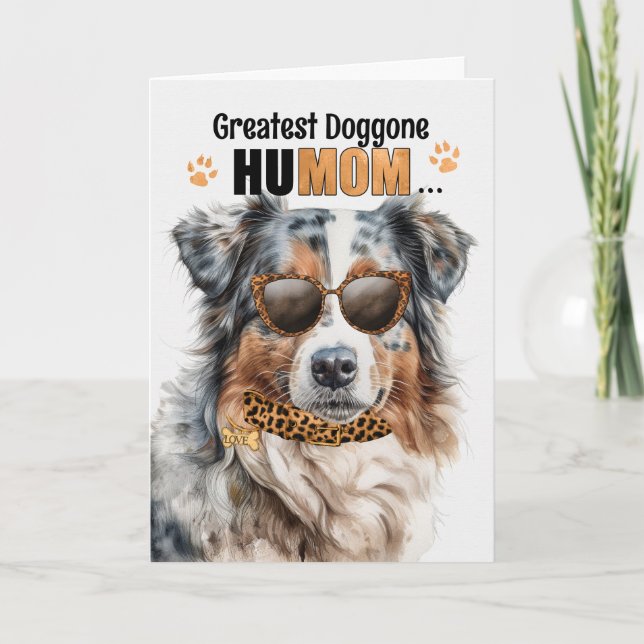 Tarjeta Festiva Aussie Shepherd Greatest HuMOM Mother's Day (Anverso)