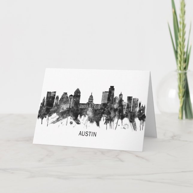 Tarjeta Festiva Austin Texas Skyline BW (Anverso)