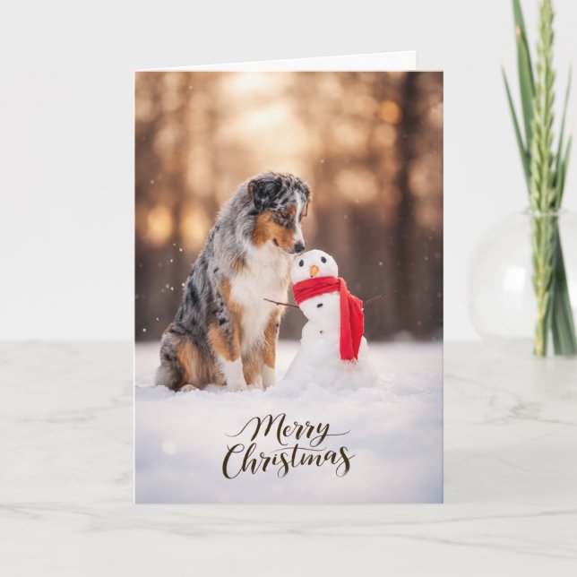 Tarjeta Festiva Australian Shepherd Christmas Snowman (Anverso)