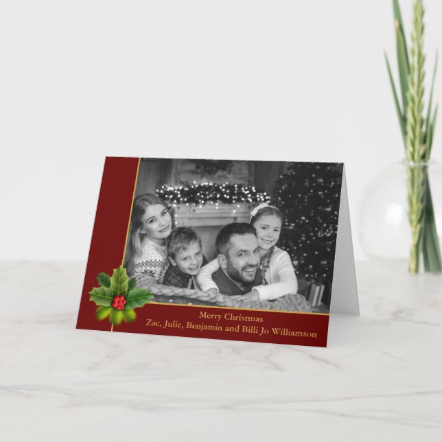 Tarjeta Festiva Auto Black and White Photo Holly Red Navidades (Anverso)