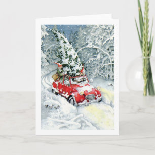 Tarjeta Festiva Auto navideño vintage