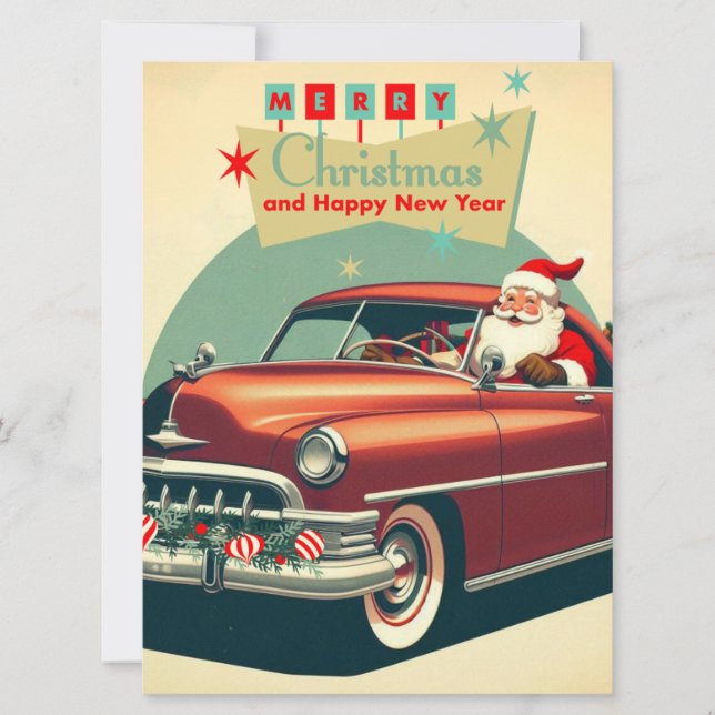 Tarjeta Festiva Auto rojo vintage y Santa (Anverso)