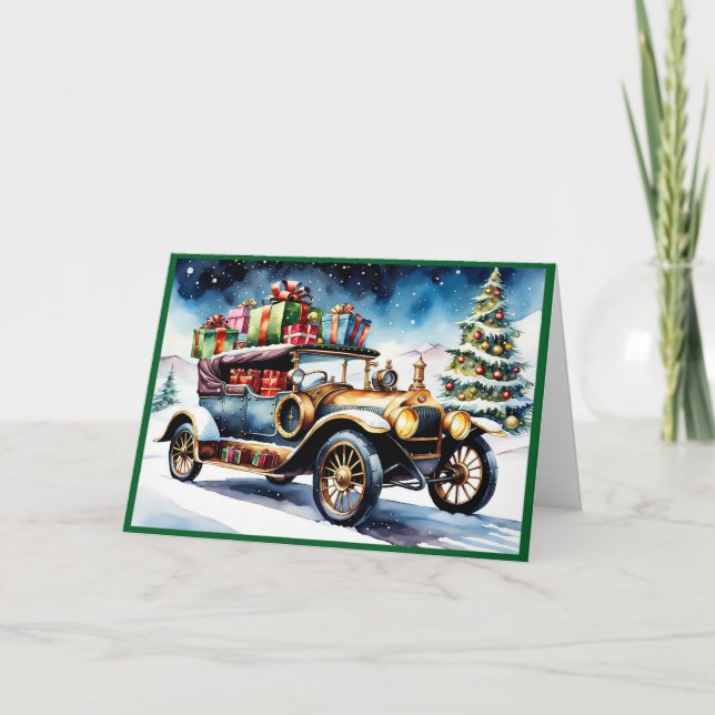 Tarjeta Festiva Auto vintage con regalos de Navidades (Anverso)