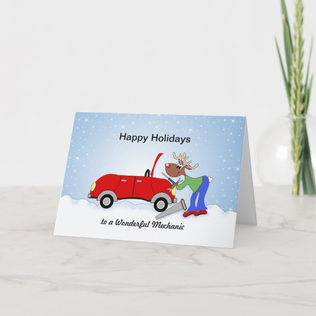 Tarjeta Festiva Automóvil Reindeing Fixing Red Car (Anverso)