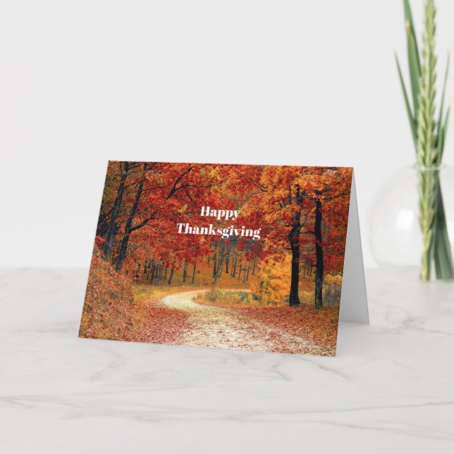 Tarjeta Festiva Autumn Red Trees Road Foto Acción de Gracias (Anverso)