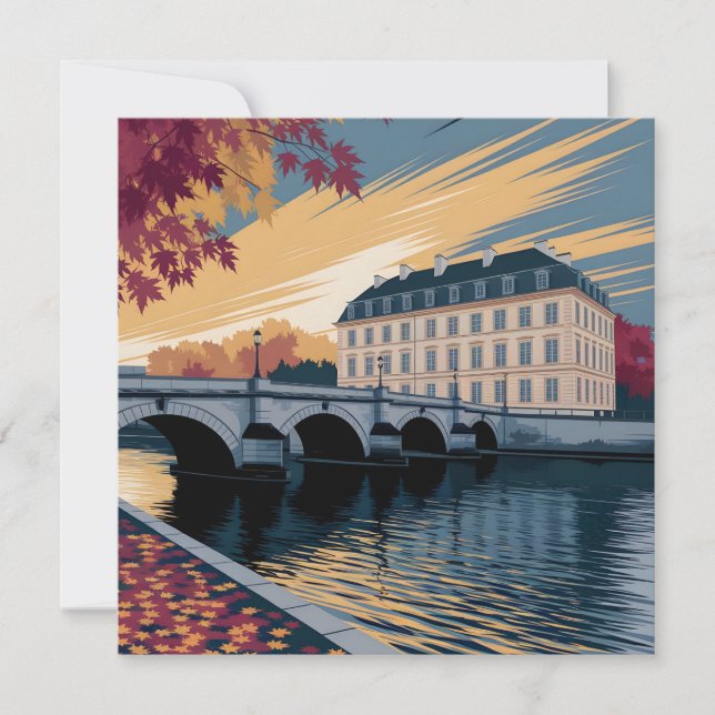 Tarjeta Festiva Autumn Riverside European City Illustration Art (Anverso)