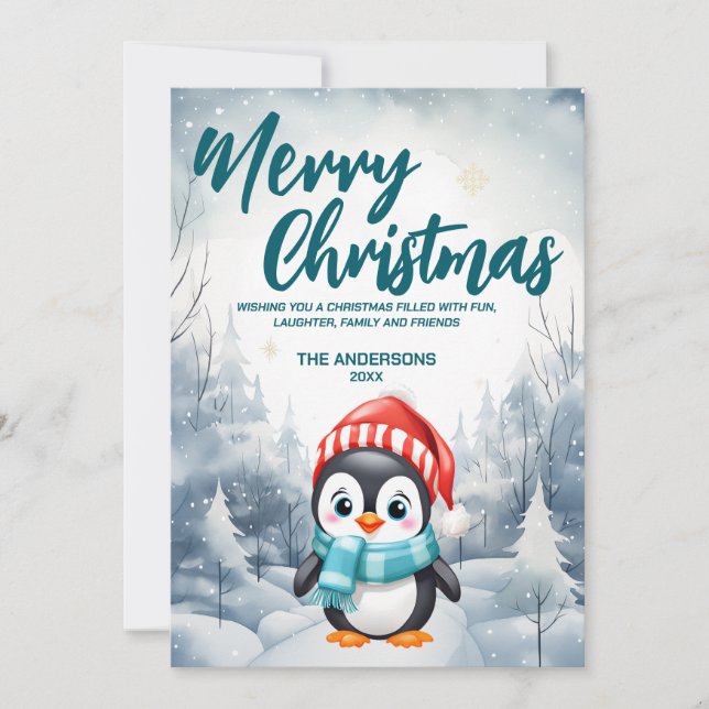 Tarjeta Festiva Ave divertida pingüino Morerry Xmas árbol de nieve (Anverso)