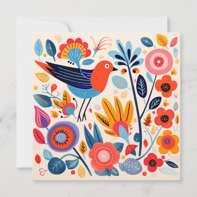 Tarjeta Festiva Ave floral nórdica de arte folclórico (Anverso)