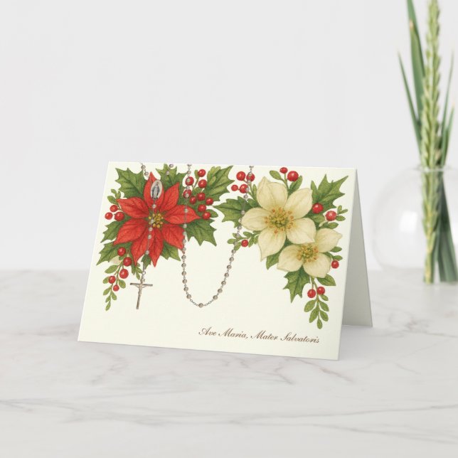 Tarjeta Festiva Ave Maria Christmas Blessing with Rosary Florals (Anverso)