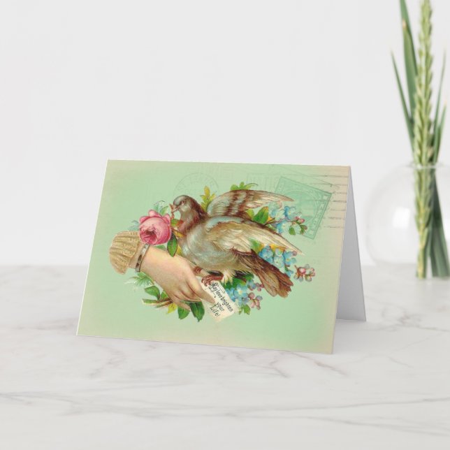 Tarjeta Festiva Ave y rosa de San Valentín victoriano (Anverso)