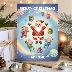 Tarjeta Festiva Aventura espacial de Santa navideño para niños