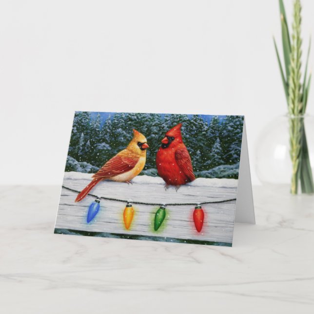 Tarjeta Festiva Aves cardenales y luces Navidades (Anverso)