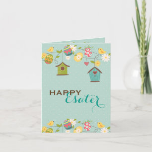 Tarjeta Festiva Aves Cutas De Pascua, Alimentadores De Aves Y Huev