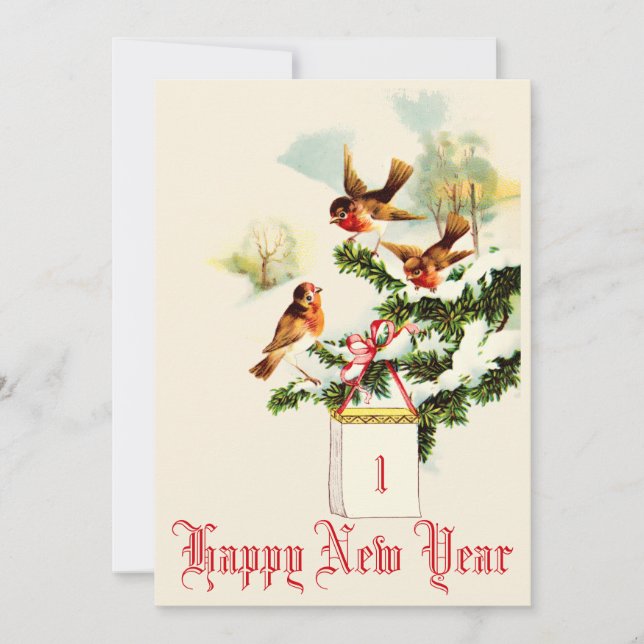 Tarjeta Festiva Aves de época y paisaje escénico Año Nuevo (Anverso)