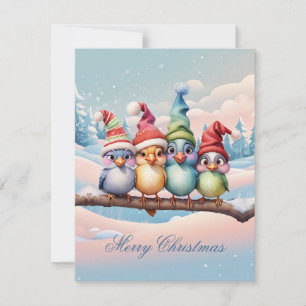 Tarjeta Festiva Aves de fantasía con gorras Navidades.