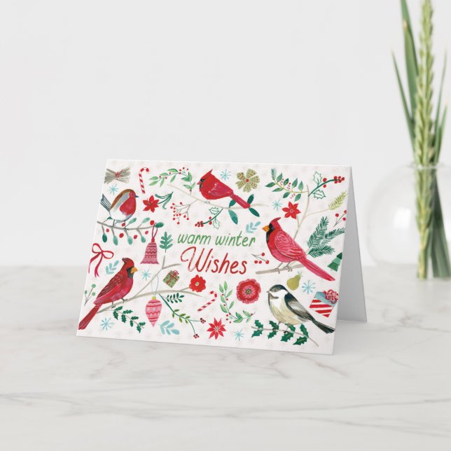 Tarjeta Festiva Aves de invierno - Deseos cálidos (Anverso)