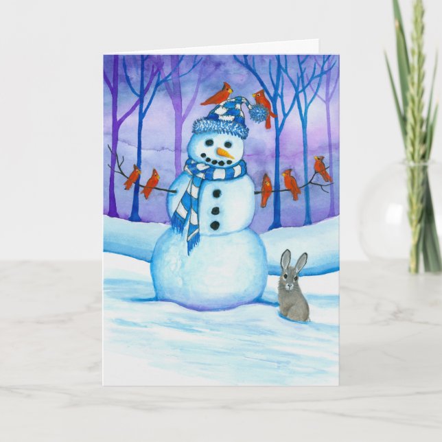 Tarjeta Festiva Aves De Vida Silvestre Snowman De Bihrle (Anverso)
