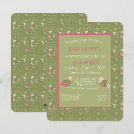 Tarjeta Festiva Aves dulces verdes y rosas, niñas y duchas