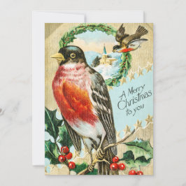 Tarjeta Festiva Aves navideñas vintage y nieve holly de invierno