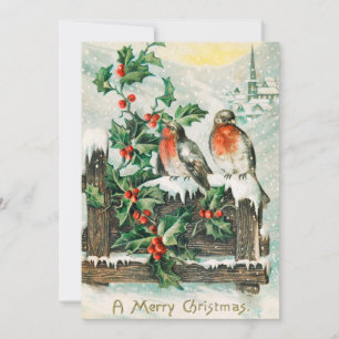 Tarjeta Festiva Aves navideñas vintage y nieve holly de invierno